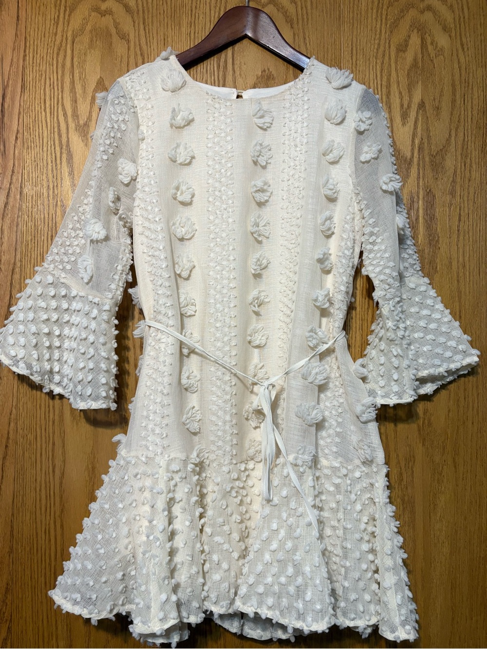 Entro Cream Boho 3D Floral Pom-Pom Bell Sleeve Mini Dress